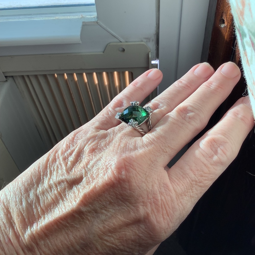 David Yurman Sterling Silver Prasiolite and Diamonds Ring. 14mm stone. 6.5